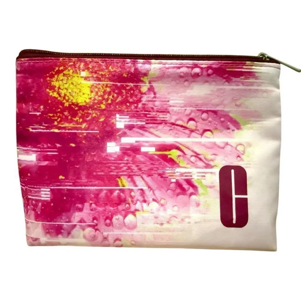 Clinique Pink & Yellow Cosmetic Bag 9”x6” Makeup Pouch with Satin Lining